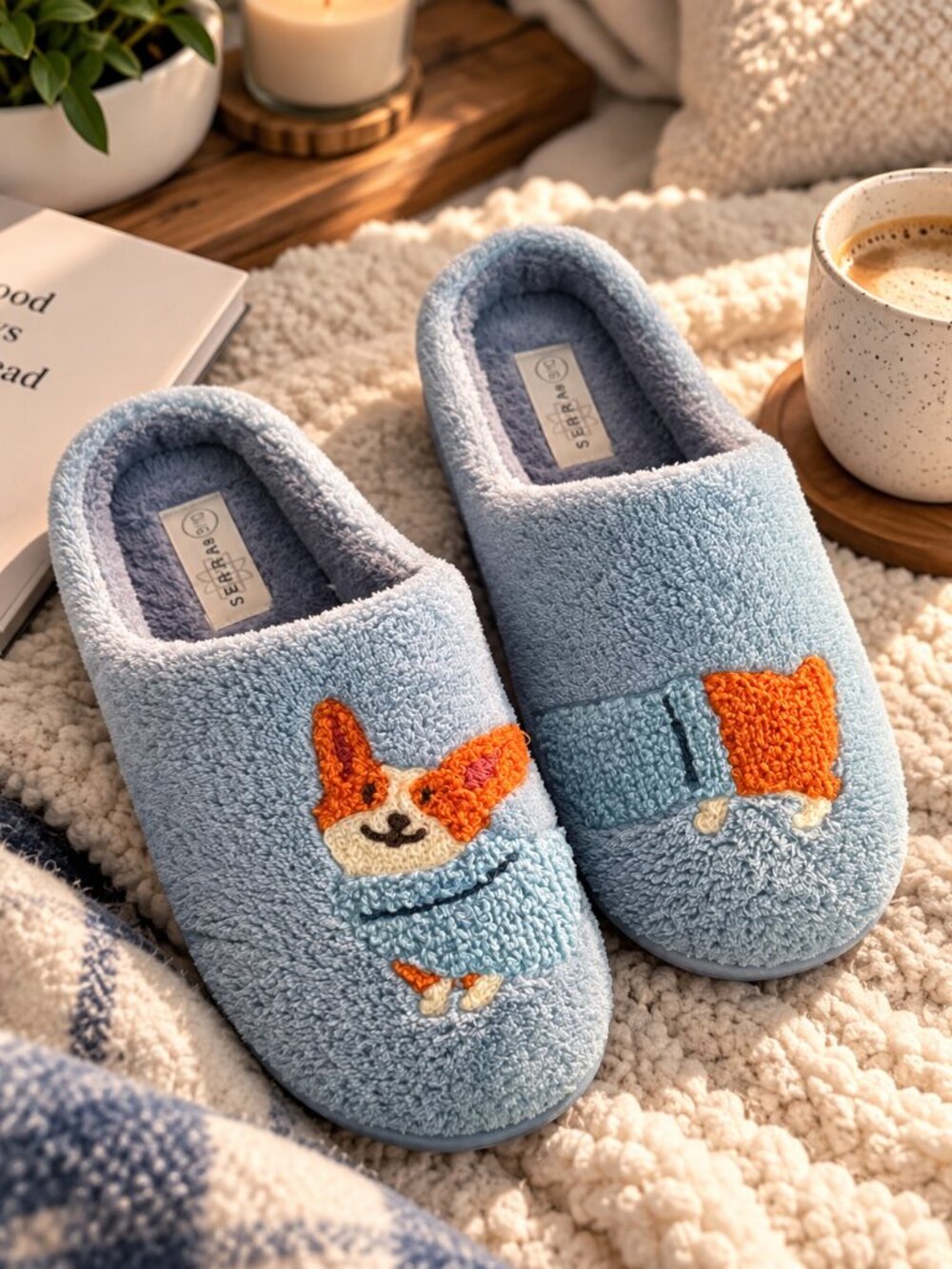 Serra Ladies Novelty Slippers Blue Dog Memory Foam Size 9/10 Slip On NWT